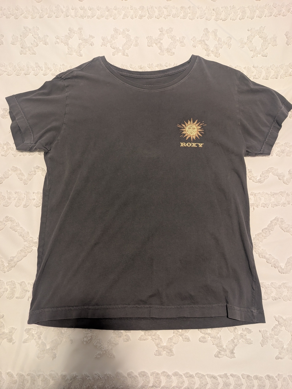Roxy Black Short Sleeve Tee with Gold Sun Logo Size Medium